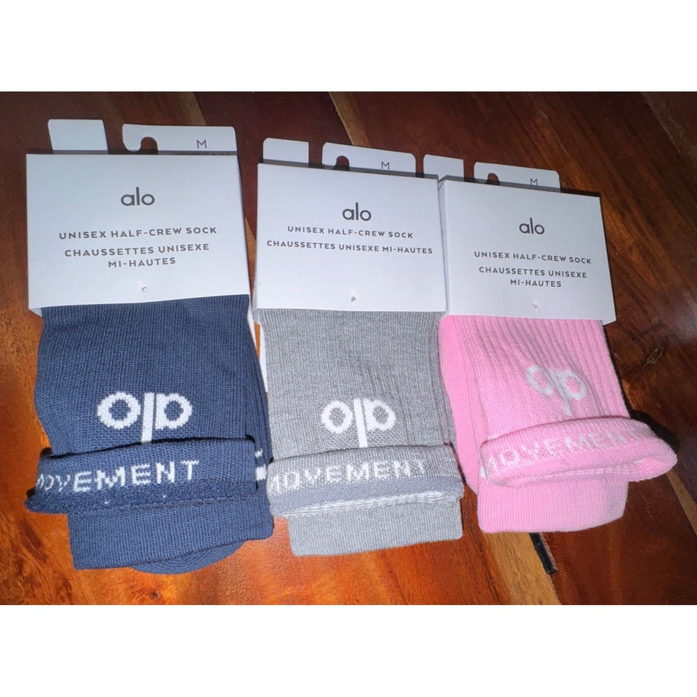 Alo Yoga Unisex Half-Crew Socks 3-Pack Navy Grey Pink Size M New